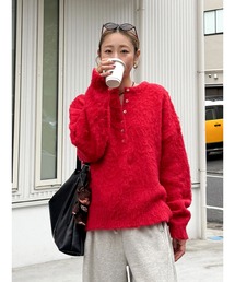 ニット/セーター（レッド/赤色系・ヘンリーネック）ファッション通販