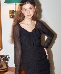 Ribbon Point Shirring Dress_ Black