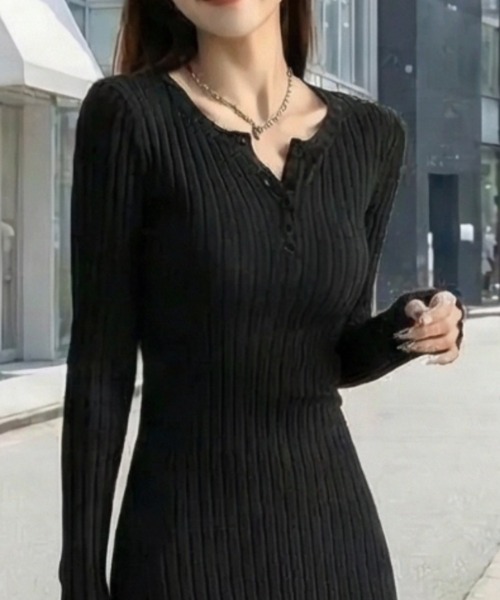 cammie(キャミー)の「Vネックリブタイトワンピース(ワンピース・レディース・ダークグレー/ブラック・M/L)」の1枚目の写真