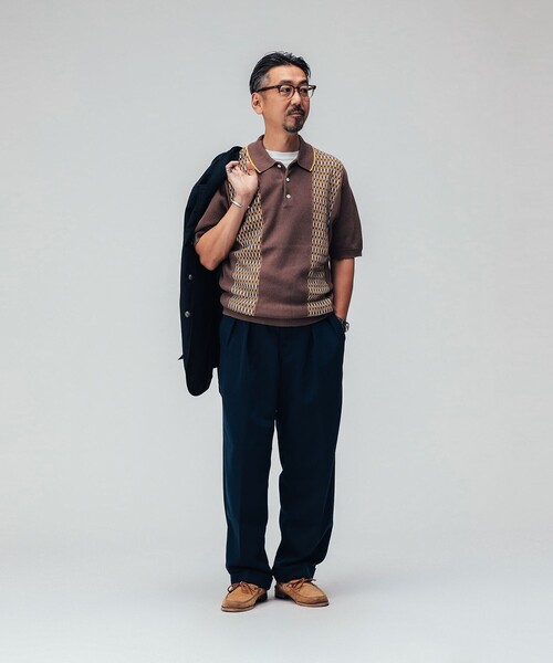 BEAMS PLUS（ビームスプラス）の「Knit Polo Front Stripe Jacquard（ポロシャツ・メンズ・グリーン/ブラウン/ネイビー・X-LARGE/LARGE/MEDIUM/SMALL）」の9枚目の写真