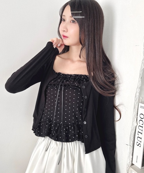 Loueme(ルエム)の「【2点SET】ドットフリルキャミソール+カーディガン(カーディガン/ボレロ・レディース・ホワイト/ブラック/グレー・FREE)」の2枚目の写真