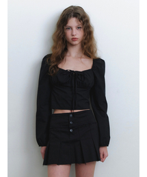 ribbon point shirring blouse - black