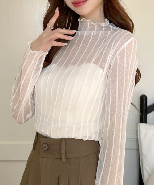 Ada.(エイダ)の「スリムフィット ドット×ストライプ シアー トップス(Tシャツ/カットソー・レディース・ブラック/ホワイト/ブラウン・FREE)」の2枚目の写真