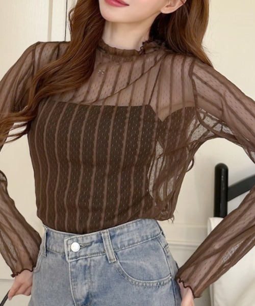 Ada.(エイダ)の「スリムフィット ドット×ストライプ シアー トップス(Tシャツ/カットソー・レディース・ブラック/ホワイト/ブラウン・FREE)」の8枚目の写真