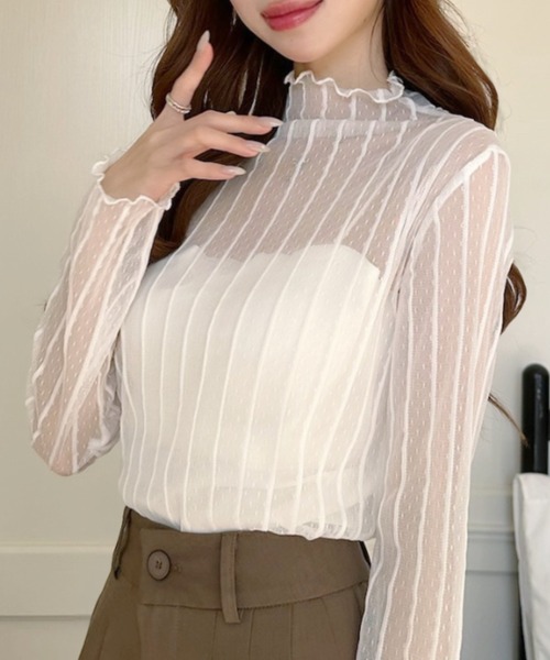 Ada.(エイダ)の「スリムフィット ドット×ストライプ シアー トップス(Tシャツ/カットソー・レディース・ブラック/ホワイト/ブラウン・FREE)」の5枚目の写真