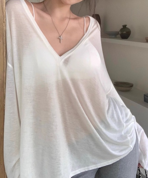 meJane（ミージェーン）の「Vネック シアー長袖カットソートップス（Tシャツ/カットソー・レディース・ホワイト/ブラック・FREE）」の2枚目の写真