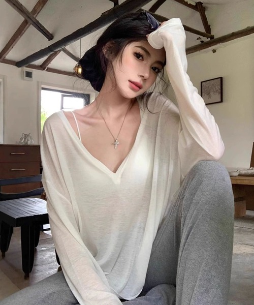 meJane（ミージェーン）の「Vネック シアー長袖カットソートップス（Tシャツ/カットソー・レディース・ホワイト/ブラック・FREE）」の3枚目の写真