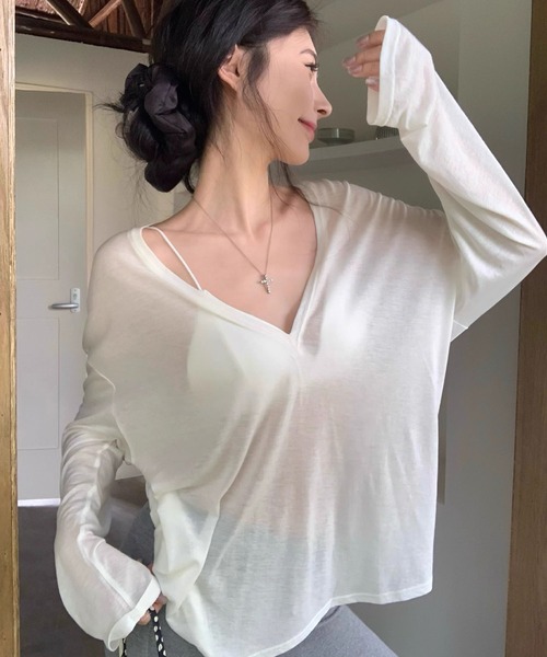 meJane（ミージェーン）の「Vネック シアー長袖カットソートップス（Tシャツ/カットソー・レディース・ホワイト/ブラック・FREE）」の6枚目の写真