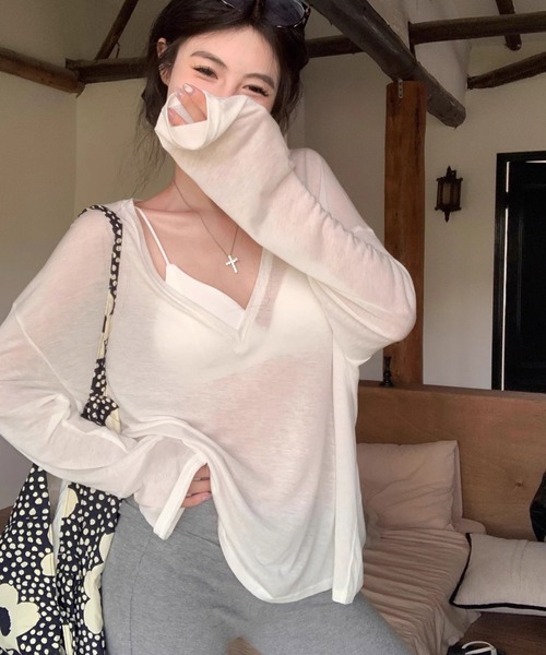 meJane（ミージェーン）の「Vネック シアー長袖カットソートップス（Tシャツ/カットソー・レディース・ホワイト/ブラック・FREE）」の9枚目の写真