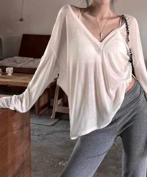 meJane（ミージェーン）の「Vネック シアー長袖カットソートップス（Tシャツ/カットソー・レディース・ホワイト/ブラック・FREE）」の11枚目の写真