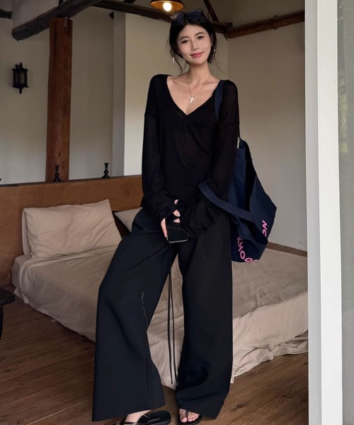 meJane（ミージェーン）の「Vネック シアー長袖カットソートップス（Tシャツ/カットソー・レディース・ホワイト/ブラック・FREE）」の17枚目の写真