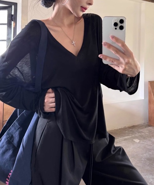 meJane（ミージェーン）の「Vネック シアー長袖カットソートップス（Tシャツ/カットソー・レディース・ホワイト/ブラック・FREE）」の15枚目の写真