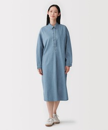 婦人　カポック混　ライトデニム　長袖ワンピース
