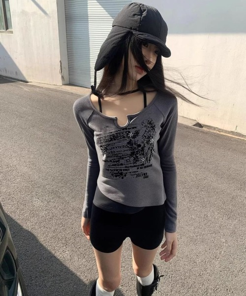 CANVAS+(キャンバスプラス)の「【CANVAS+】レイヤード風プリントトップス(その他トップス・レディース・ホワイト/グレー・M)」の11枚目の写真