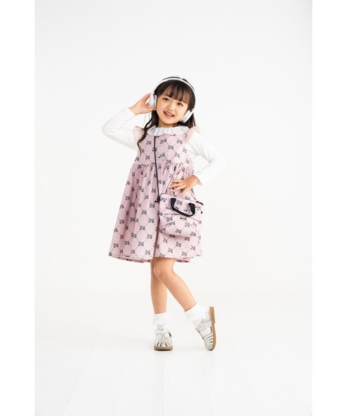 nino(ニノ)の「*綿100%*リボンパールプリントリボンパールプリントジャンパースカート(ジャンパースカート・キッズ・スモークピンク・100cm/110cm/120cm)」の3枚目の写真