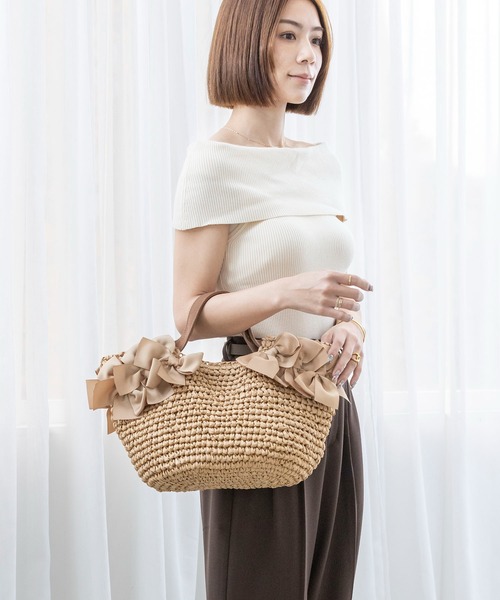 MIAN （ミアン）の「サイドリボンペーパートートバッグ【詳細動画あり】（かごバッグ・レディース・ブラック/モカ/ベージュ・FREE）」の3枚目の写真