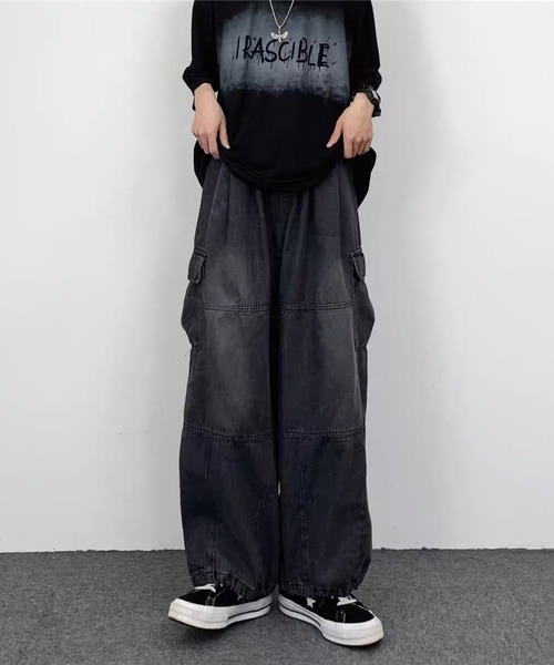 セール】ワイド デニムカーゴパンツ ビンテージウォッシュ 裾絞り
