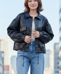 エコレザーブルゾン　Aライン 　ドローコード シャツジャケット 韓国ファッション