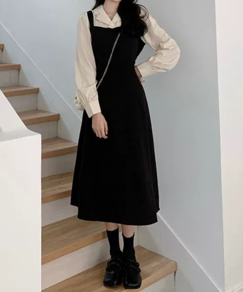 SallyLunn(サリーラン)の「レイヤード風フレアジャンパースカートワンピース(ワンピース・レディース・ブラック・X-LARGE/MEDIUM/LARGE)」の1枚目の写真