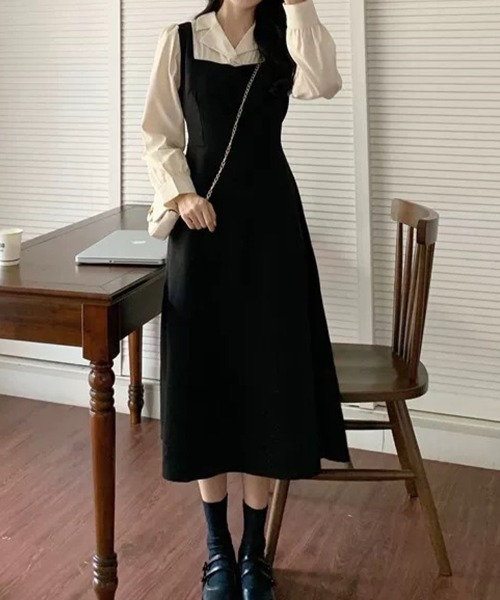 SallyLunn(サリーラン)の「レイヤード風フレアジャンパースカートワンピース(ワンピース・レディース・ブラック・X-LARGE/MEDIUM/LARGE)」の7枚目の写真