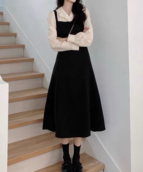 SallyLunn(サリーラン)の「レイヤード風フレアジャンパースカートワンピース(ワンピース・レディース・ブラック・X-LARGE/MEDIUM/LARGE)」の2枚目の写真
