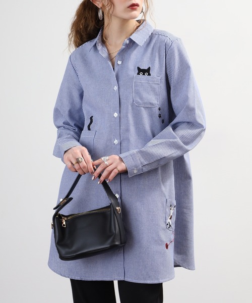 Quelle Chance(ケルシャンス)の「ねこだらけシャツチュニック 長袖(シャツ/ブラウス・レディース・ネイビー系2/ホワイト×ブルー/ネイビー系1・L/M)」の3枚目の写真