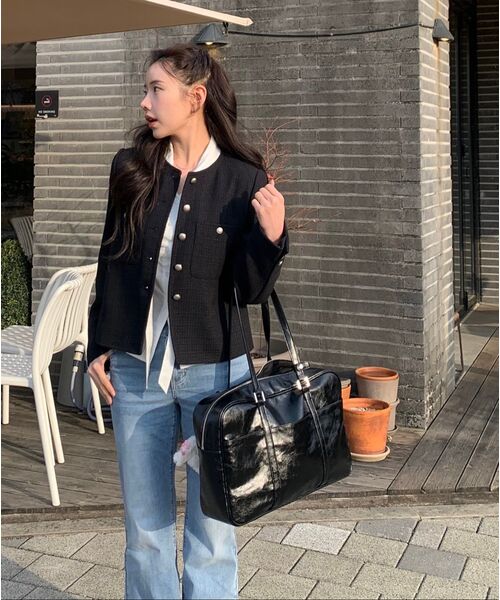 MIND BRIDGE WOMEN（マインドブリッジウーマン）の「[W]ラウンドネックツイードジャケット（テーラードジャケット・レディース・ブラック/ブルー・55/66）」の19枚目の写真