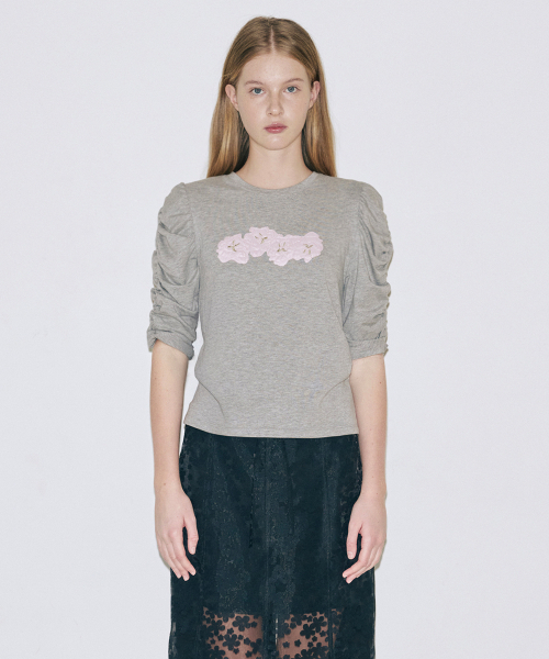 SINOON(シヌーン)の「Soft Shirring T-Shirt (Melange Grey)(Tシャツ/カットソー・レディース・ミックスグレー・SMALL/MEDIUM)」の1枚目の写真
