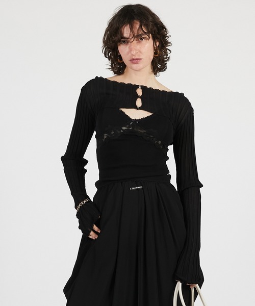 PRANK PROJECT（プランクプロジェクト）の「【2026Summer Pre-Order】2WAYシアーリブボレロ / 2WAY Sheer Rib Bolero（カーディガン/ボレロ・レディース・ボルドー/グレー/ブラック・FREE）」の2枚目の写真