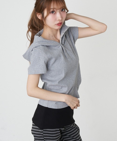 RAY CASSIN（レイカズン）の「デザイン切り替えフードヘンリーネック半袖Tシャツ（Tシャツ/カットソー・レディース・キナリ/グレー/ブラック/アイボリー・FREE）」の14枚目の写真