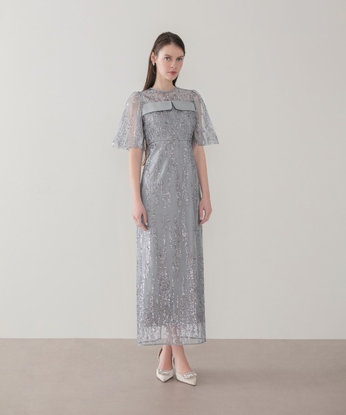 Leja（レジャ）の「【LEJA】デコルテデザインフレアスリーブスパンコールIラインワンピースドレス美脚効果結婚式 パーティードレス 成人式 二次会 同窓会 お呼ばれ オケージョン 20代 30代（ドレス・レディース・ブラック/グレー・SMALL/MEDIUM）」の9枚目の写真