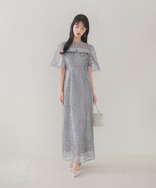 Leja（レジャ）の「【LEJA】デコルテデザインフレアスリーブスパンコールIラインワンピースドレス美脚効果結婚式 パーティードレス 成人式 二次会 同窓会 お呼ばれ オケージョン 20代 30代（ドレス・レディース・ブラック/グレー・SMALL/MEDIUM）」の12枚目の写真