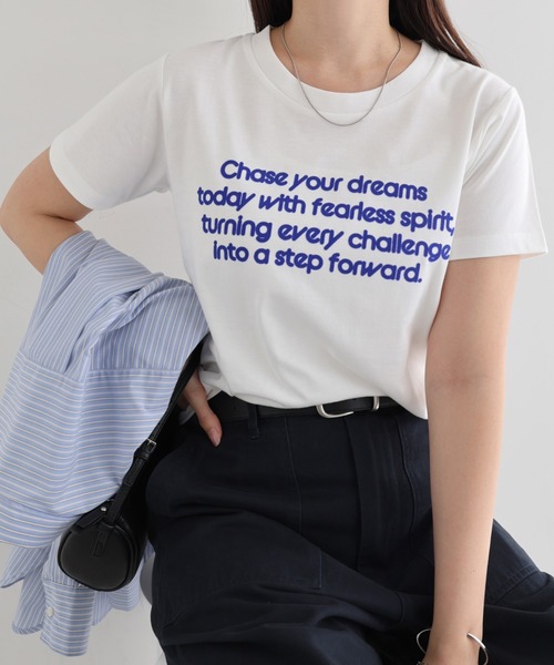 andme(アンドミー)の「フロッキーロゴプリント半袖Tシャツ(Tシャツ/カットソー・レディース・オフホワイト/キナリ/スミクロ/ネイビー・FREE)」の5枚目の写真