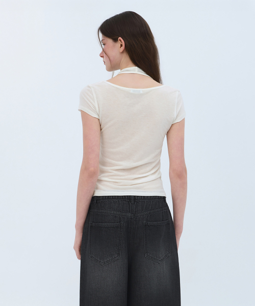 MUSINSA STANDARD WOMAN（ムシンサスタンダードウーマン）の「ウィメンズウールテンセルホルターレイヤードTシャツ[アイボリー]（Tシャツ/カットソー・レディース・その他・SMALL/MEDIUM/LARGE/X-SMALL）」の4枚目の写真