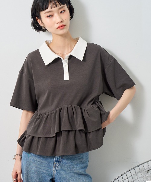 NOGLE(ノグル)の「【NOGLE/ノグル】フリル半袖ポロシャツ(ポロシャツ・レディース・グレー系/ネイビー系/チャコールグレー/ブラック・FREE)」の3枚目の写真