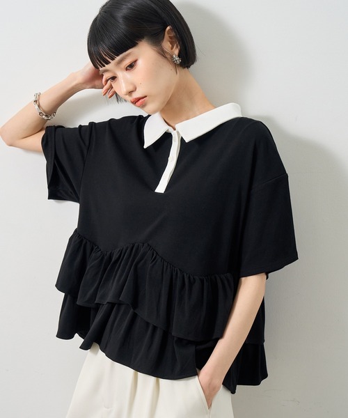 NOGLE(ノグル)の「【NOGLE/ノグル】フリル半袖ポロシャツ(ポロシャツ・レディース・グレー系/ネイビー系/チャコールグレー/ブラック・FREE)」の2枚目の写真