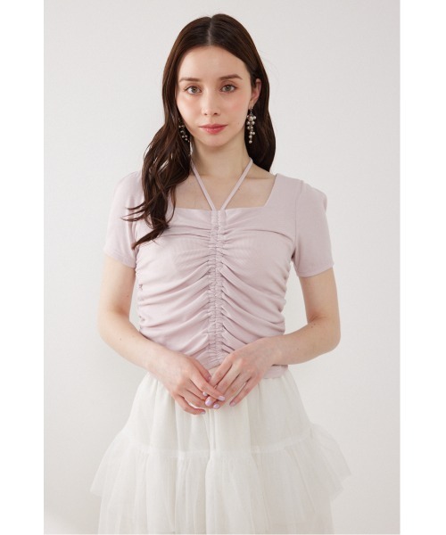 rienda(リエンダ)の「フロントギャザーカットトップス 夏服(Tシャツ/カットソー・レディース・ブラック/ホワイト/ピンク・FREE)」の1枚目の写真