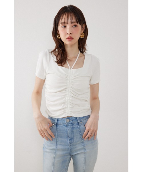 rienda(リエンダ)の「フロントギャザーカットトップス 夏服(Tシャツ/カットソー・レディース・ブラック/ホワイト/ピンク・FREE)」の6枚目の写真
