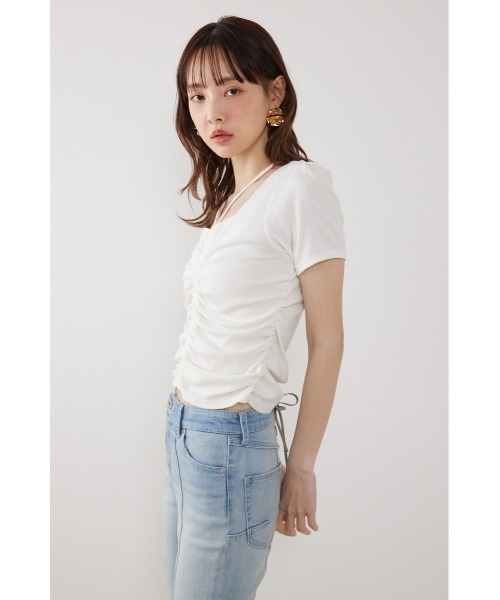 rienda(リエンダ)の「フロントギャザーカットトップス 夏服(Tシャツ/カットソー・レディース・ブラック/ホワイト/ピンク・FREE)」の7枚目の写真