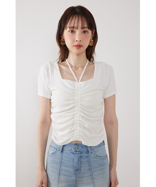 rienda(リエンダ)の「フロントギャザーカットトップス 夏服(Tシャツ/カットソー・レディース・ブラック/ホワイト/ピンク・FREE)」の9枚目の写真