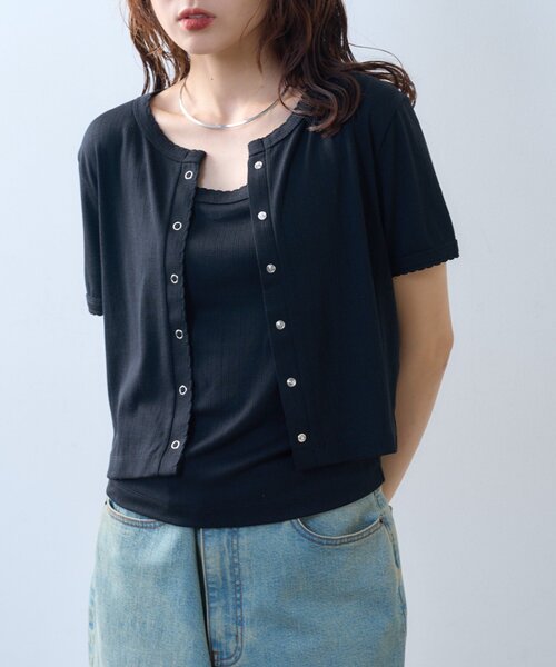 CIAOPANIC TYPY（チャオパニックティピー）の「【willow】アイレット半袖スナップカーデキャミセット（Tシャツ/カットソー・レディース・ブラック/ミント・ONE SIZE）」の2枚目の写真