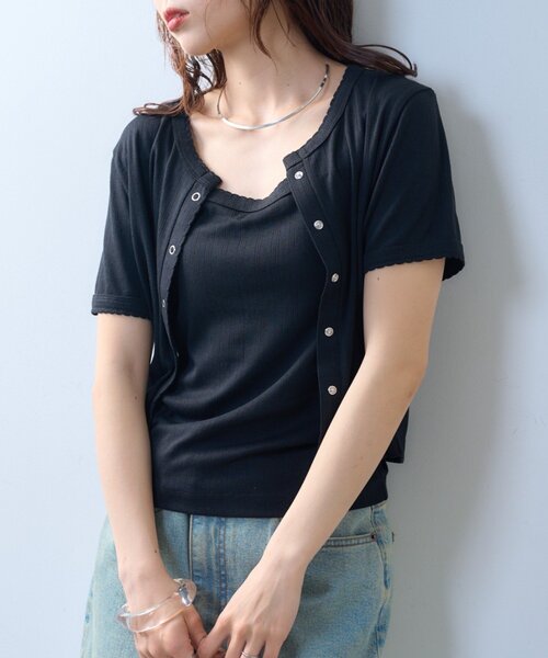 CIAOPANIC TYPY（チャオパニックティピー）の「【willow】アイレット半袖スナップカーデキャミセット（Tシャツ/カットソー・レディース・ブラック/ミント・ONE SIZE）」の4枚目の写真
