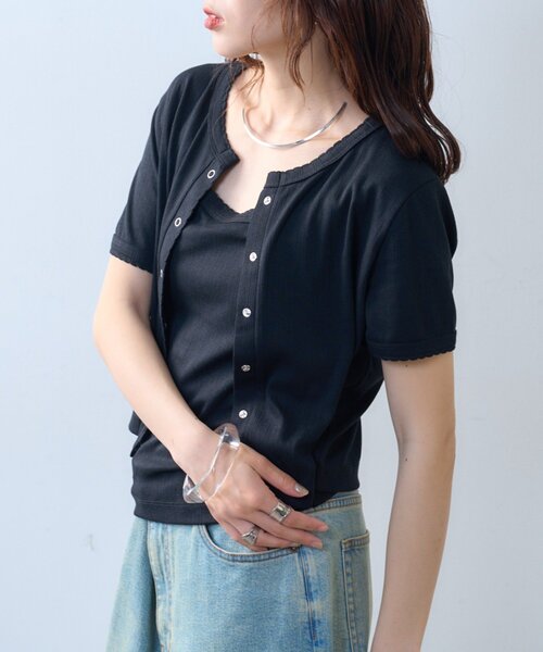 CIAOPANIC TYPY（チャオパニックティピー）の「【willow】アイレット半袖スナップカーデキャミセット（Tシャツ/カットソー・レディース・ブラック/ミント・ONE SIZE）」の6枚目の写真