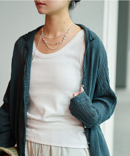 IENA(イエナ)の「《追加/UVカット》テレコストレッチフレンチノースリーブ(Tシャツ/カットソー・レディース・ホワイト/グレー/ブルー系その他/ベージュ・FREE)」の2枚目の写真