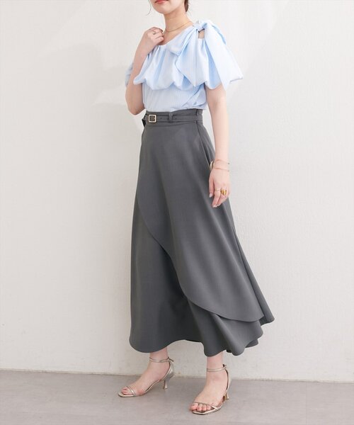 natural couture（ナチュラルクチュール）の「ゴールドバックル付きラップフレアスカート（スカート・レディース・チャコールグレー/ピンク/ブラック/ライトベージュ/アイボリー・FREE）」の12枚目の写真