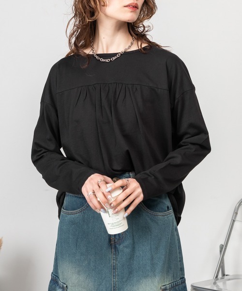 MARAI(マーライ)の「バックダブル長袖Tシャツ(Tシャツ/カットソー・レディース・ブラック/ホワイト・4L~5L/LL~3L)」の1枚目の写真