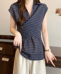 チェックブラウス ノースリーブ ラップ風 カシュクール シャツ トップス ゆったり 体型カバー 春夏