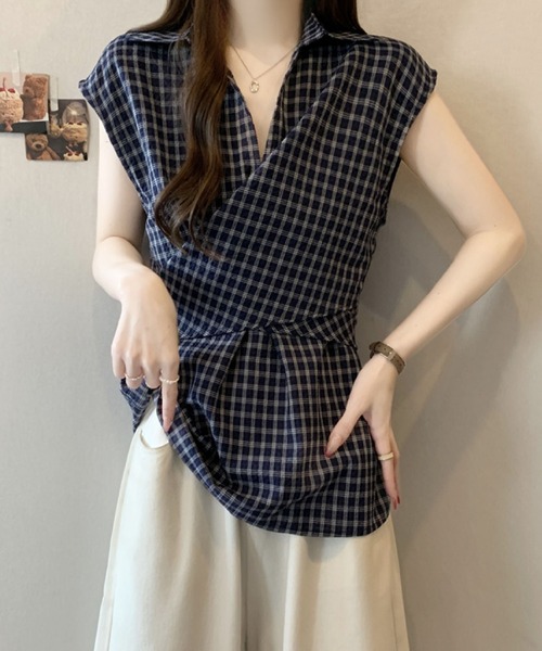 2ly2(トゥーリートゥー)の「チェックブラウス ノースリーブ ラップ風 カシュクール シャツ トップス ゆったり 体型カバー 春夏(シャツ/ブラウス・レディース・ホワイト/ネイビー・FREE)」の16枚目の写真