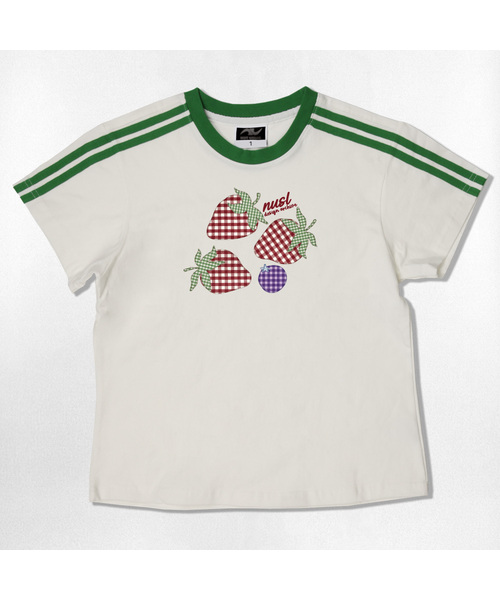 NOTUSUAL(ノットユージュアル)の「チェックストロベリーセミクロップ半袖Tシャツ6色(Tシャツ/カットソー・レディース・ピンク/ネイビー/ブラウン/ホワイト×グリーン/ホワイト×ブラック/スカイブルー・1(S))」の2枚目の写真