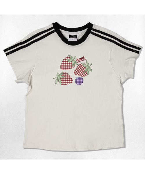 NOTUSUAL(ノットユージュアル)の「チェックストロベリーセミクロップ半袖Tシャツ6色(Tシャツ/カットソー・レディース・ピンク/ネイビー/ブラウン/ホワイト×グリーン/ホワイト×ブラック/スカイブルー・1(S))」の3枚目の写真